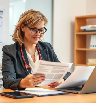 Bild einer Frau, die an ihrem Schreibtisch sitzt und einige Dokumente überprüft