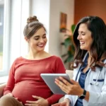 Bild einer schwangeren Frau, die zu Hause medizinisch versorgt wird.