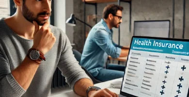 Bild eines Selbstständigen, der auf seinem Laptop nach Versicherungen sucht