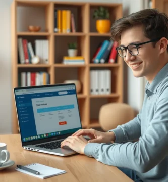 Bild eines Studenten, der seinen Computer überprüft, während er eine Tasse Tee trinkt