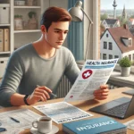 Bild eines jungen Mannes über 25 Jahre, der sich zu Hause Versicherungsunterlagen ansieht.