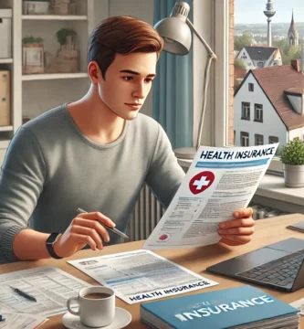 Bild eines jungen Mannes über 25 Jahre, der sich zu Hause Versicherungsunterlagen ansieht.