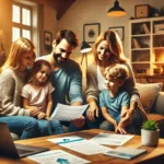 Bild einer Familie bestehend aus einem Paar und ihren 3 Kindern, die Versicherungsunterlagen betrachten
