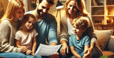 Bild einer Familie bestehend aus einem Paar und ihren 3 Kindern, die Versicherungsunterlagen betrachten