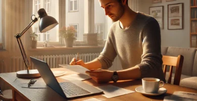 Bild eines Mannes an seinem Schreibtisch, der Berechnungen an seinem Computer durchführt