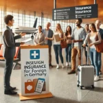 Bild einer Person, die eine Gruppe von Touristen am Flughafen über eine Ausländerversicherung informiert.