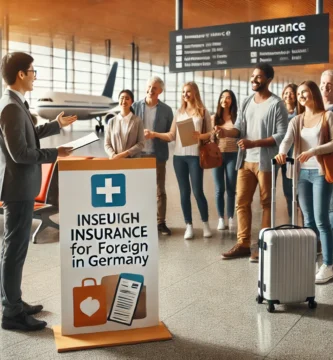 Bild einer Person, die eine Gruppe von Touristen am Flughafen über eine Ausländerversicherung informiert.