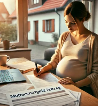 Bild einer schwangeren Frau, die zu Hause einige Dokumente durchsieht.