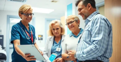 Bild von zwei Personen, die von einem Arzt zur Krankenversicherung beraten werden