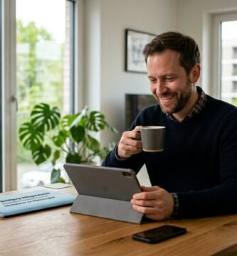Bild eines arbeitslosen Mannes, der sitzend Dokumente auf seinem Computer durchsieht und dabei aus einer Tasse trinkt.