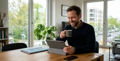 Bild eines arbeitslosen Mannes, der sitzend Dokumente auf seinem Computer durchsieht und dabei aus einer Tasse trinkt.