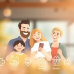 Cartoonbild einer Schweizer Familie mit Gesundheitssymbolen und dem Land darunter.