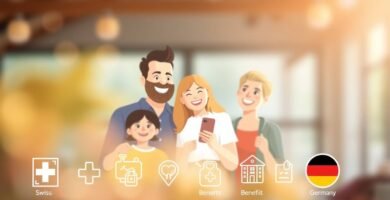 Cartoonbild einer Schweizer Familie mit Gesundheitssymbolen und dem Land darunter.
