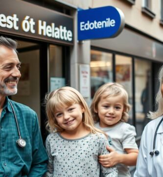 Bild einer Familie vor einem Krankenhaus auf den Straßen der Schweiz.