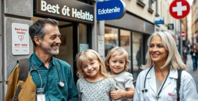 Bild einer Familie vor einem Krankenhaus auf den Straßen der Schweiz.