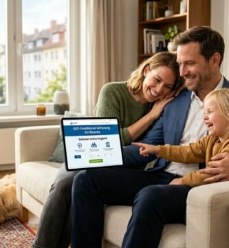 Bild einer Familie, die in ihrem Wohnzimmer sitzt und auf einem Tablet Versicherungsinformationen durchsieht.