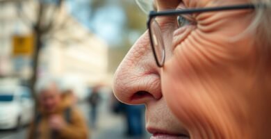 Nahaufnahme einer älteren Person mit Brille