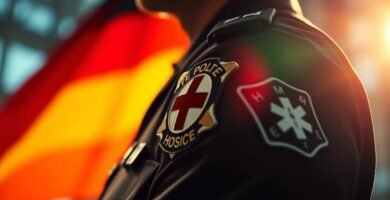 Nahaufnahme der Schulter eines Polizisten mit der deutschen Flagge im Hintergrund