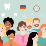 Bild auf grauem Hintergrund einer Gruppe lächelnder Menschen im Cartoon-Stil
