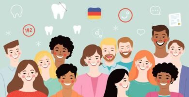 Bild auf grauem Hintergrund einer Gruppe lächelnder Menschen im Cartoon-Stil
