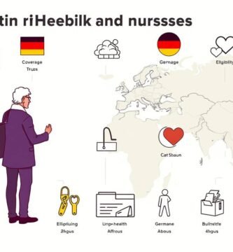 Cartoonbild auf weißem Hintergrund eines älteren Mannes mit Gesundheitssymbolen und Versicherungsinformationen