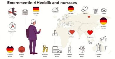 Cartoonbild auf weißem Hintergrund eines älteren Mannes mit Gesundheitssymbolen und Versicherungsinformationen
