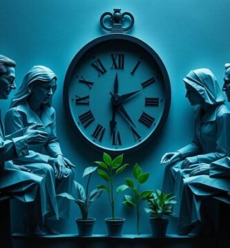 Steinbild einer Gruppe älterer Menschen neben einer Uhr