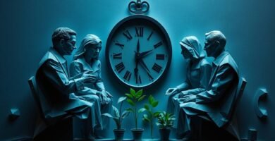 Steinbild einer Gruppe älterer Menschen neben einer Uhr
