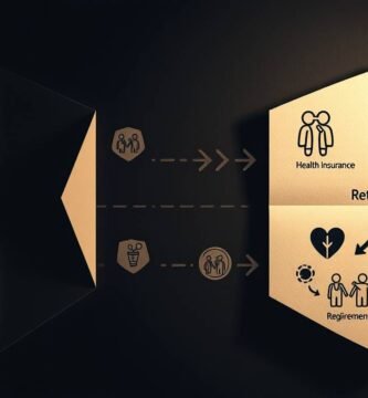 Abbildung auf dunklem Hintergrund von zwei gegenüberliegenden Blättern Papier mit Symbolen und Informationen zur Versicherung für Rentner.
