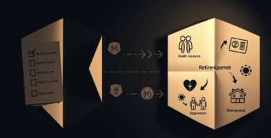 Abbildung auf dunklem Hintergrund von zwei gegenüberliegenden Blättern Papier mit Symbolen und Informationen zur Versicherung für Rentner.