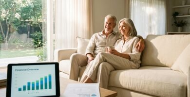 Bild eines Rentnerehepaares, das lächelnd auf dem Sofa in seinem Haus sitzt; im Vordergrund ist ein Tablet mit Versicherungszahlen und Statistiken zu sehen.