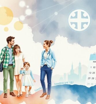 Aquarellartiges Bild eines Paares mit seinen Kindern mit medizinischen Symbolen im Hintergrund