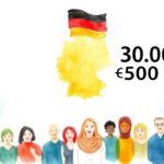 Imágen en fondo blanco de un grupo de personas en formato caricatura junto al país de alemania y el numero 30 000.