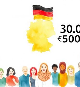 Imágen en fondo blanco de un grupo de personas en formato caricatura junto al país de alemania y el numero 30 000.