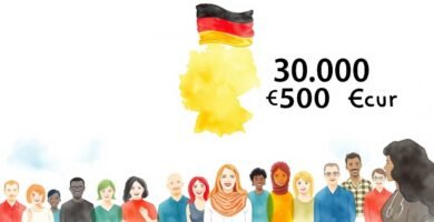 Imágen en fondo blanco de un grupo de personas en formato caricatura junto al país de alemania y el numero 30 000.
