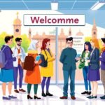 Cartoonbild einer Gruppe von Menschen beim Einchecken an einem Flughafen in Deutschland.