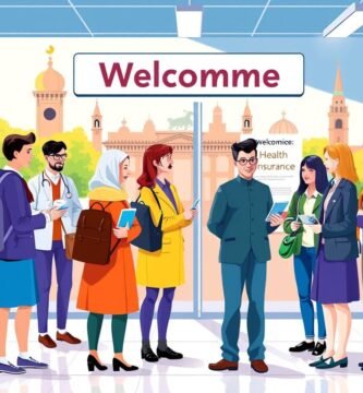 Cartoonbild einer Gruppe von Menschen beim Einchecken an einem Flughafen in Deutschland.