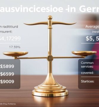 Bild einer Waage auf einem Tisch mit Versicherungsinformationen an den Seiten
