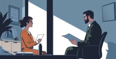 Graustufenbild im Cartoon-Stil von zwei Personen, die in einem Büro sitzen und über Krankenversicherungen sprechen.