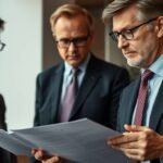 Eine Gruppe von Beamten prüft Dokumente im Flur eines Regierungsbüros in Deutschland.