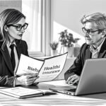Schwarzweiß-Bleistiftzeichnung von zwei Personen, die in einem Büro Versicherungsdokumente prüfen.
