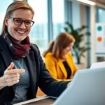 Bild einer Frau in einem Büro, die lächelt, während sie geradeaus schaut und mit dem Finger auf ihren Computer zeigt, im Hintergrund ist ein unscharfes Büro zu sehen