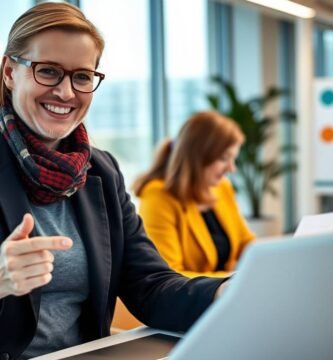 Bild einer Frau in einem Büro, die lächelt, während sie geradeaus schaut und mit dem Finger auf ihren Computer zeigt, im Hintergrund ist ein unscharfes Büro zu sehen