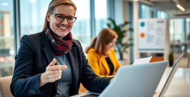 Bild einer Frau in einem Büro, die lächelt, während sie geradeaus schaut und mit dem Finger auf ihren Computer zeigt, im Hintergrund ist ein unscharfes Büro zu sehen