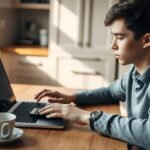 Bild eines jungen Mannes, der auf seinem Laptop nach Versicherungsinformationen sucht