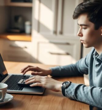 Bild eines jungen Mannes, der auf seinem Laptop nach Versicherungsinformationen sucht