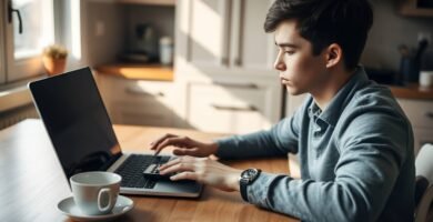 Bild eines jungen Mannes, der auf seinem Laptop nach Versicherungsinformationen sucht