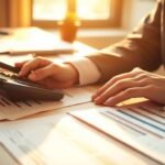 Nahaufnahme einer Person, die an einem Schreibtisch sitzt und Berechnungen mit einem Taschenrechner durchführt, und Dokumente mit Zahlen und Statistiken herum
