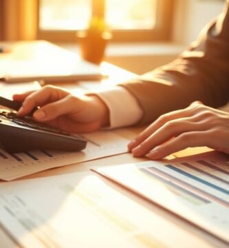 Nahaufnahme einer Person, die an einem Schreibtisch sitzt und Berechnungen mit einem Taschenrechner durchführt, und Dokumente mit Zahlen und Statistiken herum