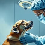Bild vom Inneren eines Tierheims mit einem Arzt, der einen Hund streichelt
